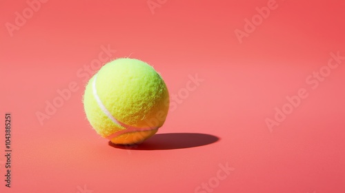 Bright yellow tennis ball on a vibrant coral background casting a shadow. Perfect for sports and recreation-themed projects and designs. photo