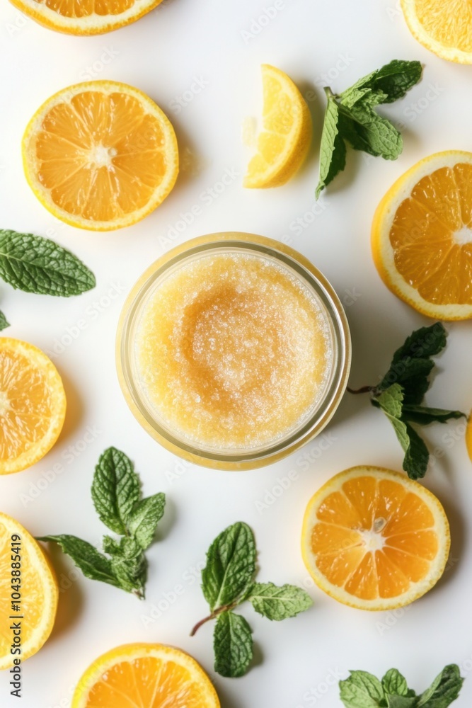 An overhead view of a refreshing lemon and mint body scrub surrounded by fresh lemon slices An overhead view of a refreshing lemon and mint body scrub surrounded by fresh lemon slices