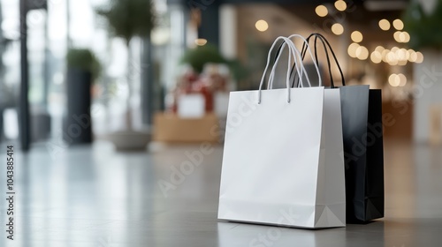 Several shopping bags in black and white sit in the sleek interior of a contemporary mall, representing modern consumerism and style in a minimalist setting.