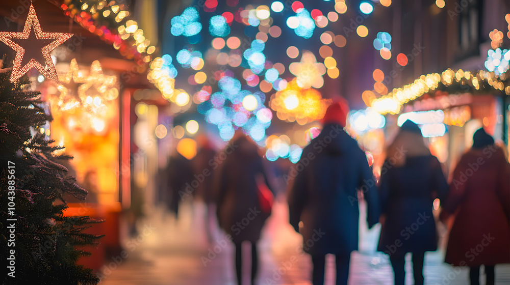 Blurred people walking in the city during night time with christmas decoration - Street market concept - Models by AI generative Blurred people walking in the city during night time with christmas decoration - Street market concept - Models by AI generative