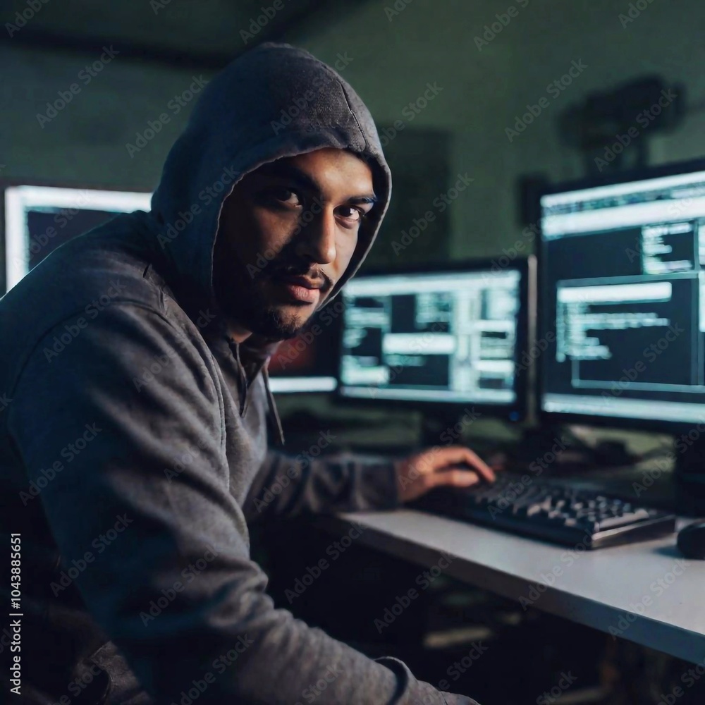 Close up shot of a hacker dimly lit workspace, with the hacker hunched over a keyboard in sharp focus and the surrounding tech setup softly blurring into the background, highlighting the contrast Close up shot of a hacker dimly lit workspace, with the hacker hunched over a keyboard in sharp focus and the surrounding tech setup softly blurring into the background, highlighting the contrast