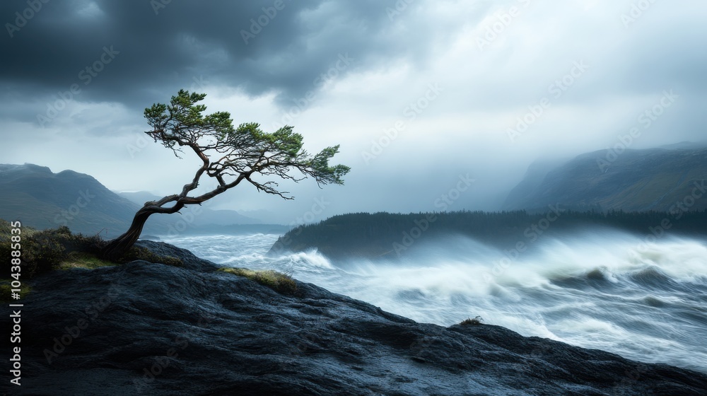 A solitary tree clings courageously to a rain-soaked cliff, battling fierce winds over a churning sea, embodying nature's tenacity and fierce beauty. A solitary tree clings courageously to a rain-soaked cliff, battling fierce winds over a churning sea, embodying nature's tenacity and fierce beauty.