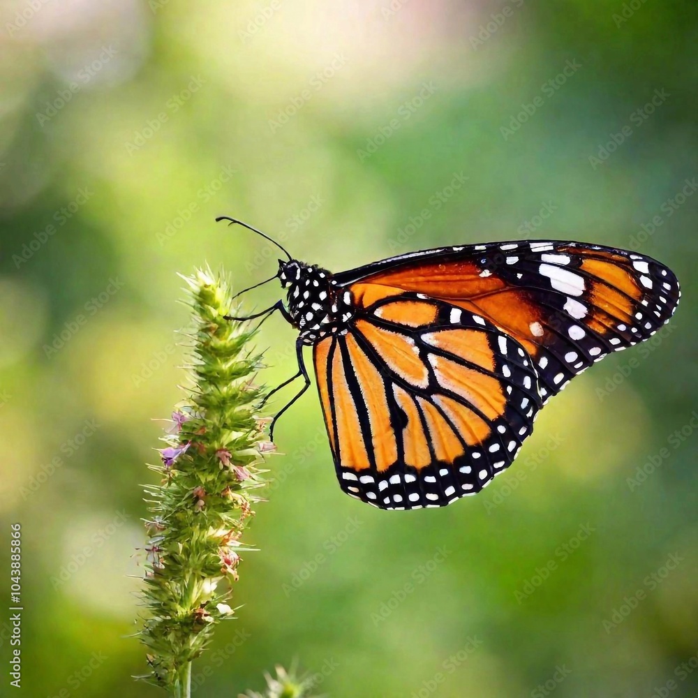 Obraz premium A close-up photo of a butterfly with dew drops on its wings in the early morning light, deep focus emphasizing the tiny water droplets and the texture of its wing scales, eye-level shot creating an