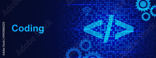 Abstract coding and programming banner background with digital binary data, gears and digital pixels on dark blue