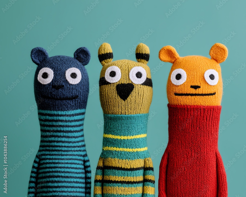 Fototapeta premium Colorful handmade stuffed animal toys against a teal background, showcasing unique knitted designs and vibrant stripes.