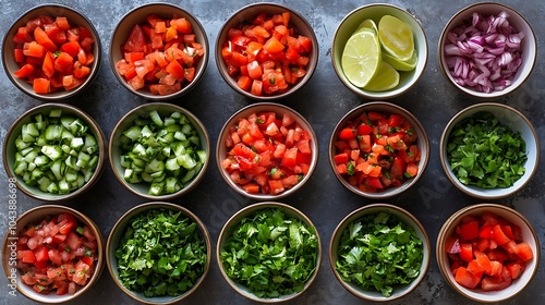 Chopped Ingredients for Salsa in Small Bowls.