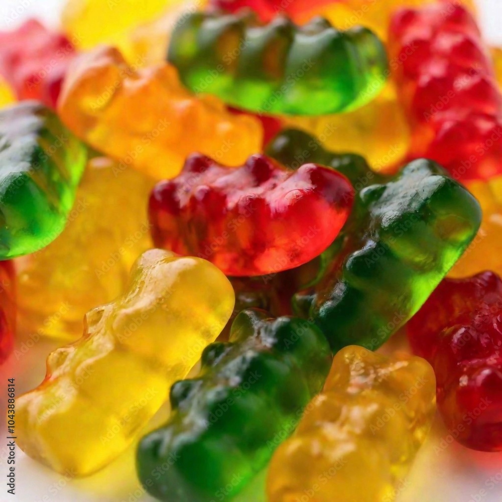 an extreme macro view of a handful of gummy bears or jelly candies. Capture the translucent texture, shiny surface, and vibrant colors of each candy in close detail. an extreme macro view of a handful of gummy bears or jelly candies. Capture the translucent texture, shiny surface, and vibrant colors of each candy in close detail.