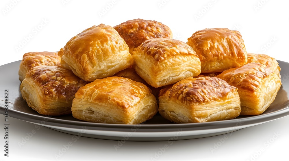 Golden baked puff pastries on white plate: fresh, flaky, delicious, ready to eat Golden baked puff pastries on white plate: fresh, flaky, delicious, ready to eat