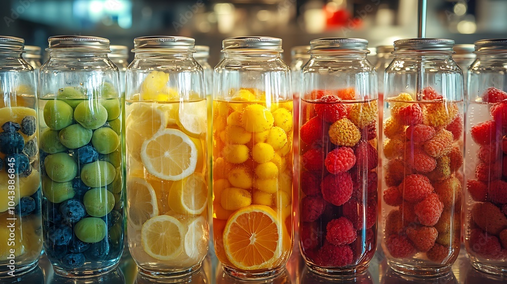 Colorful Fruit Infused Water in Glass Jars. Colorful Fruit Infused Water in Glass Jars.