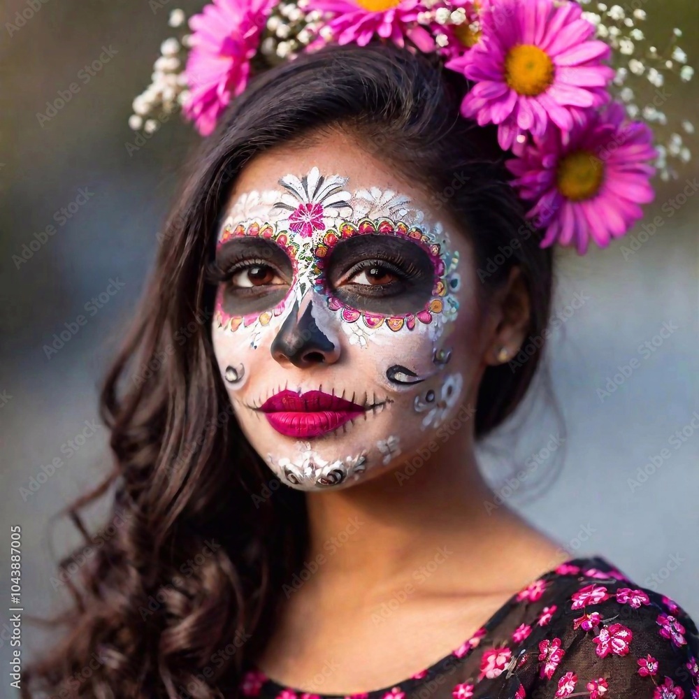 Sugar Skull Portrait, A close-up shot of a young Latina woman with intricate sugar skull face paint, featuring colorful floral designs, captured in shallow focus, with her brunette hair elegantly Sugar Skull Portrait, A close-up shot of a young Latina woman with intricate sugar skull face paint, featuring colorful floral designs, captured in shallow focus, with her brunette hair elegantly