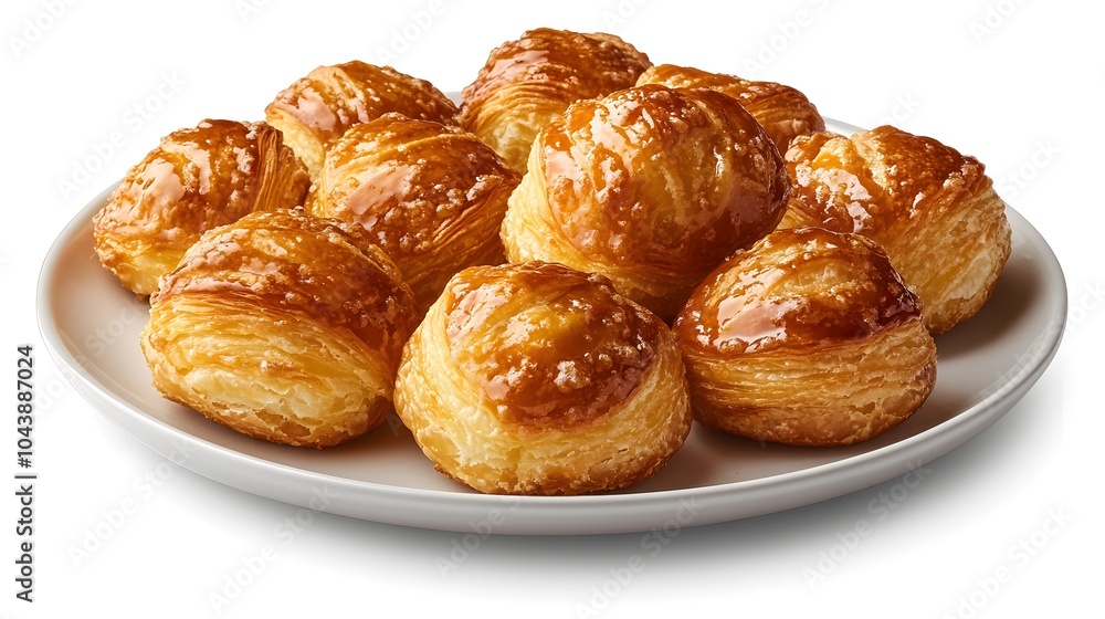 Golden brown croissants on a plate: freshly baked pastry with flaky layers and glossy finish Golden brown croissants on a plate: freshly baked pastry with flaky layers and glossy finish