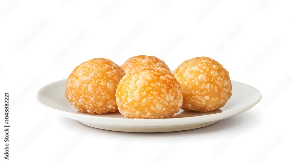 Golden crispy rice balls on white plate - delicious asian snack Golden crispy rice balls on white plate - delicious asian snack
