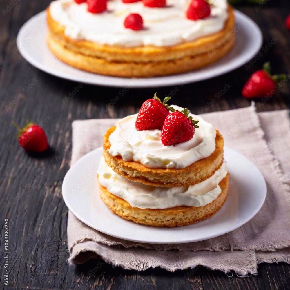 A close-up from above of a layered strawberry shortcake with fresh berries and whipped cream, with the cake in sharp focus and the background softly blurred, highlighting the dessert's freshness and A close-up from above of a layered strawberry shortcake with fresh berries and whipped cream, with the cake in sharp focus and the background softly blurred, highlighting the dessert's freshness and