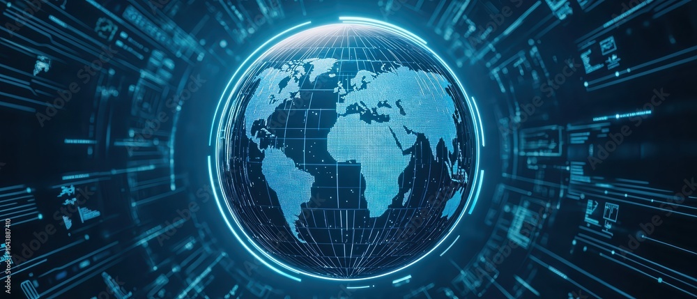 Fototapeta premium Futuristic digital globe with glowing elements, representing global connectivity and technology.