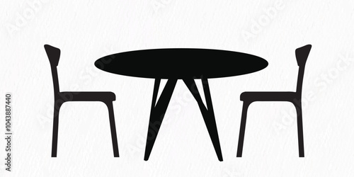Silhouette of a round dining table with two modern chairs, perfect for interior design and contemporary furniture themes