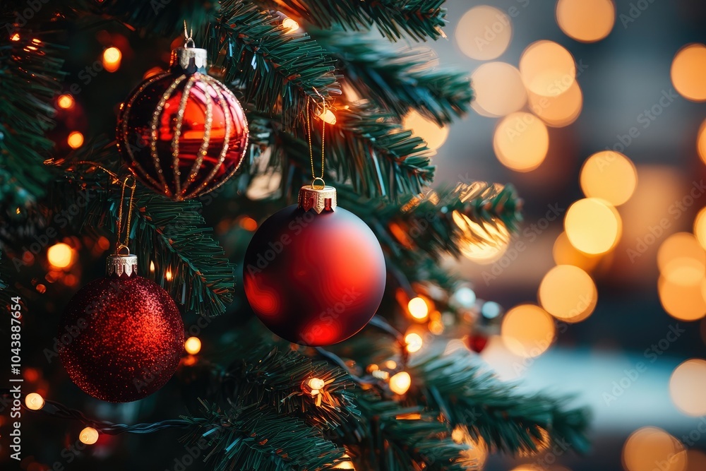 Festive Decor on a Christmas Tree with Ornaments Festive Decor on a Christmas Tree with Ornaments