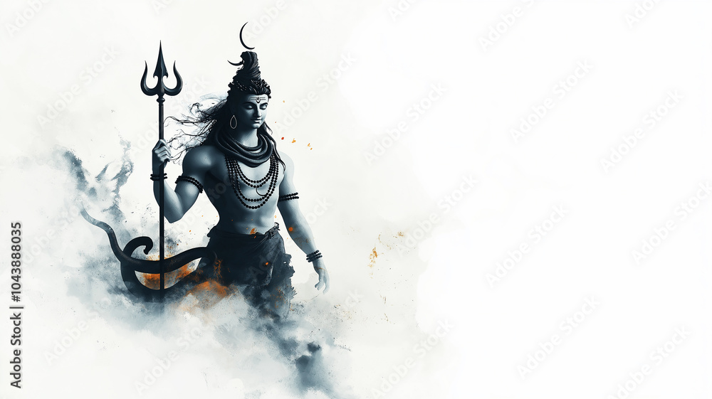 Fototapeta premium Watercolor illustration of Lord Shiva, snake around his throat, holding trident