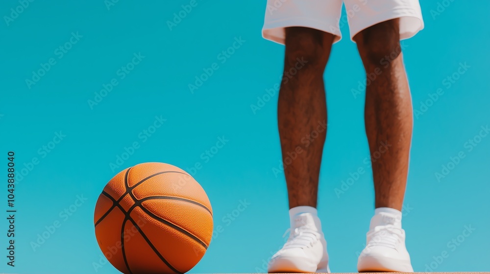 Cropped view of a person wearing white shorts and sneakers standing next to a basketball on an outdoor court under clear blue sky. Cropped view of a person wearing white shorts and sneakers standing next to a basketball on an outdoor court under clear blue sky.