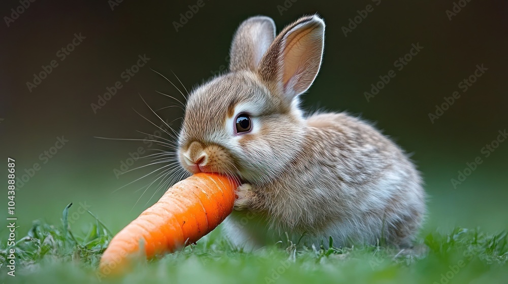 Obraz premium A cute rabbit nibbling on a carrot in a grassy field.