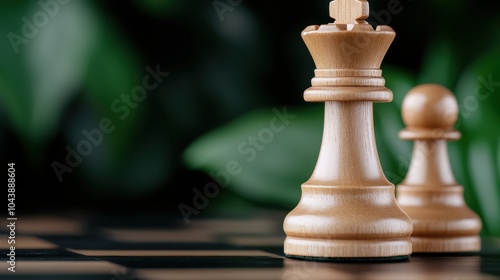 Close-up view of two wooden chess pieces, a king and a pawn, on a chessboard, with a blurred backdrop of green leaves, creating a serene and focused ambiance. photo