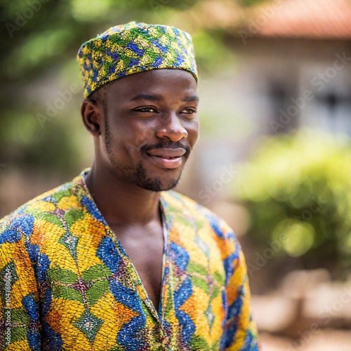 Extreme macro portrai of an African man in traditional attire, captured with soft focus to emphasize his dignified posture and the subtle details of his clothing. The portrait conveys a sense of photo