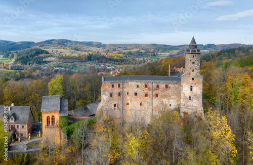 Obraz na płótnie Aerial view of Grodno castle (Zamek Grodno) in Zagorze Slaskie, Poland w salonie