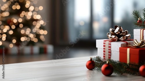 A selection of beautifully wrapped red and white presents with golden ribbons on a tabletop, set against the soft glow of a blurred Christmas tree in the distance. photo