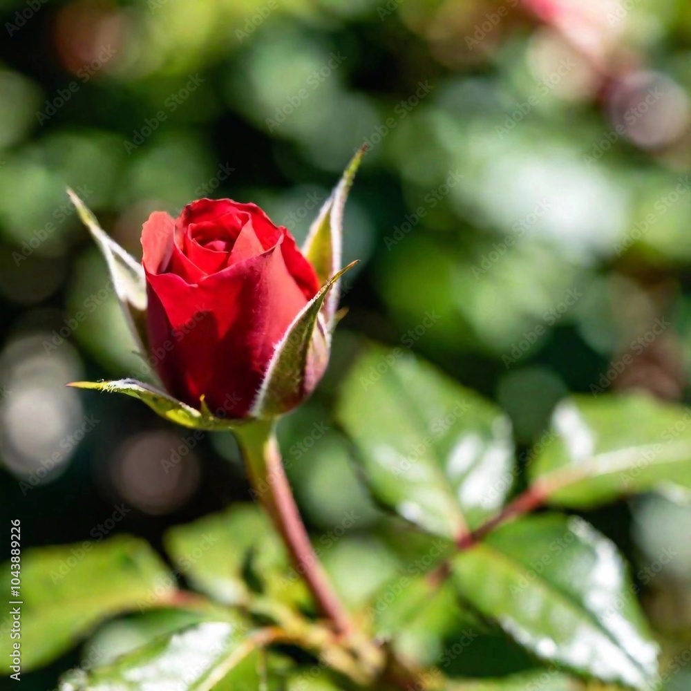 Close-up shot of a partially opened red rosebud, with the emerging petals in sharp focus and the surrounding leaves and stems softly fading, symbolizing the promise of full bloom Close-up shot of a partially opened red rosebud, with the emerging petals in sharp focus and the surrounding leaves and stems softly fading, symbolizing the promise of full bloom