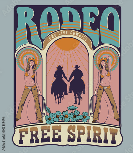 retro vintage cowgirl vector design with typography, rodeo cowgirl artwork for t shirt, poster, graphic print,  cowgirl with lasso and horse vector art