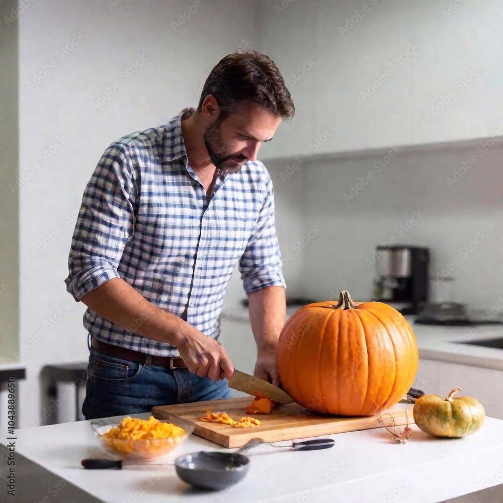young handsome bearded man cutting pumpkin for dinner at kitchen at home. young handsome bearded man cutting pumpkin for dinner at kitchen at home.