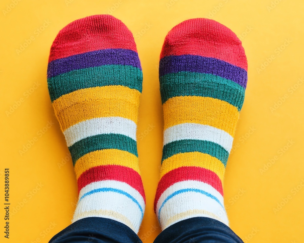 Vibrant striped socks in bold colors on a bright yellow background, showcasing playful fashion and cozy comfort in a fun style.