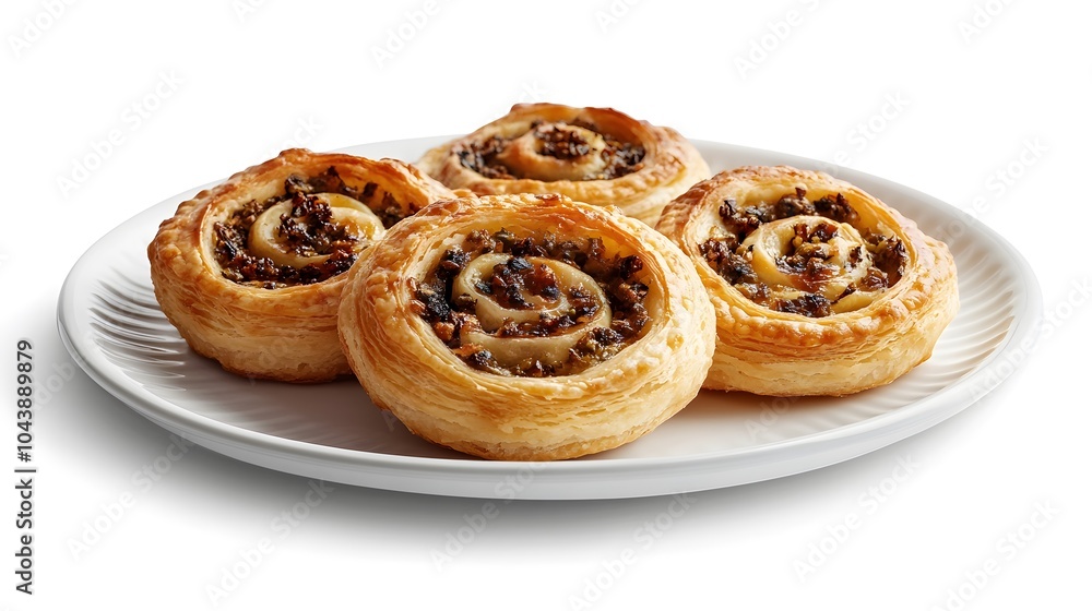 Savory puff pastries with mushroom and herb filling on white plate Savory puff pastries with mushroom and herb filling on white plate