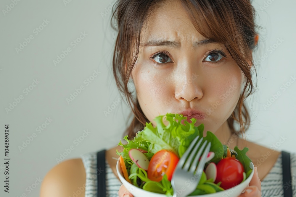 Asian woman on a diet, grimacing at vegetables on her fork, white background Asian woman on a diet, grimacing at vegetables on her fork, white background