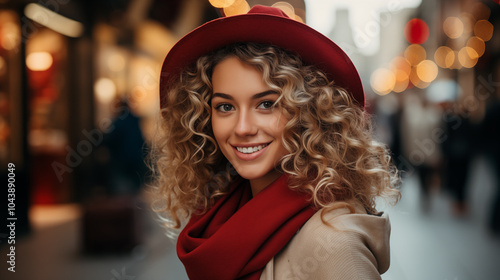 Beautiful woman in Santa Claus hat on the street, concept of winter holidays