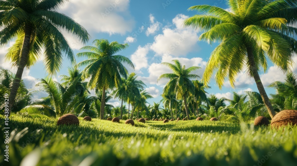 Naklejka premium Coconut trees in the green fields with full of coconuts