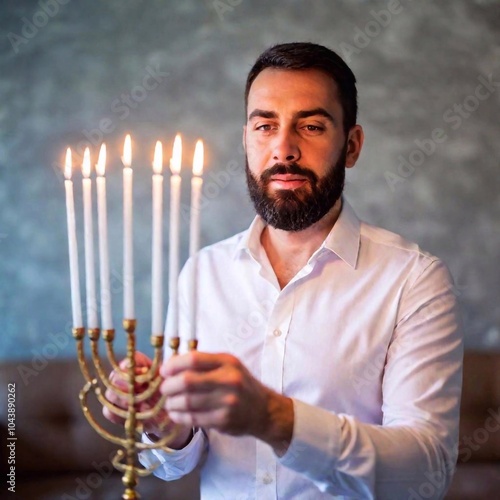 A close-up photo of a jewish male adult standing by a lit menorah, with deep focus on his facial features and the candles, eye level shot presenting the peaceful atmosphere of the Hanukkah ceremony photo