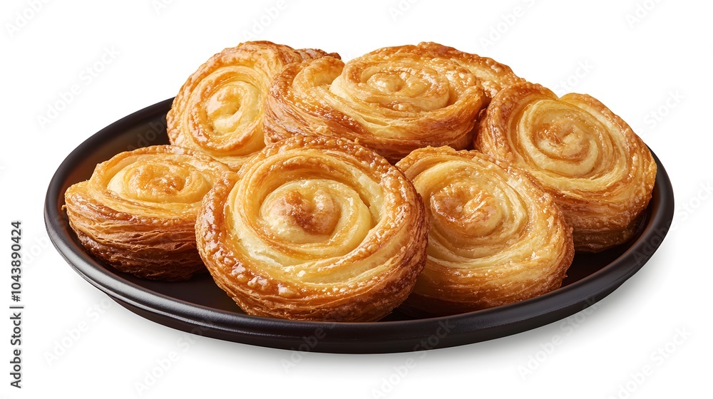Freshly baked pastry swirls on black plate highlighting delicious golden brown layers Freshly baked pastry swirls on black plate highlighting delicious golden brown layers