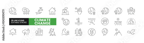 Set of 26 Climate Change line icons set. Climate Change outline icons with editable stroke collection. Includes Global Warming, Glacier Melting, Air Pollution, Flooding, Extreme Weather, and More.