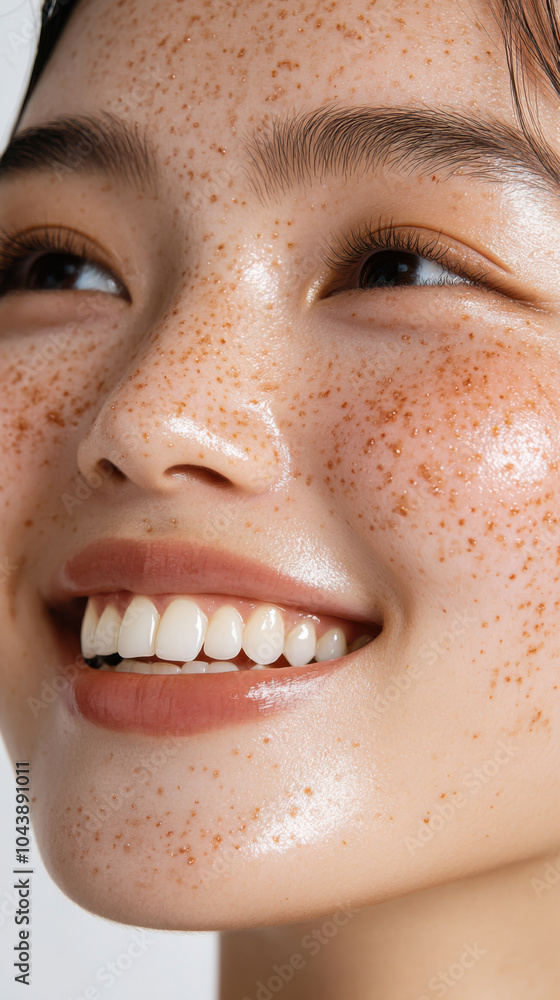Fototapeta premium Young woman with freckles and a radiant smile showcasing natural beauty in a close-up portrait