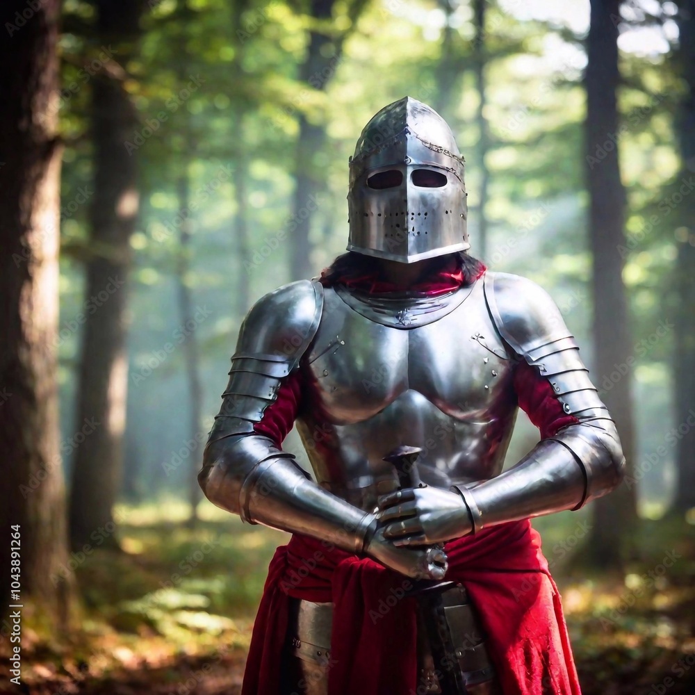 medieval soldier with sword on forest background. medieval soldier with sword on forest background.