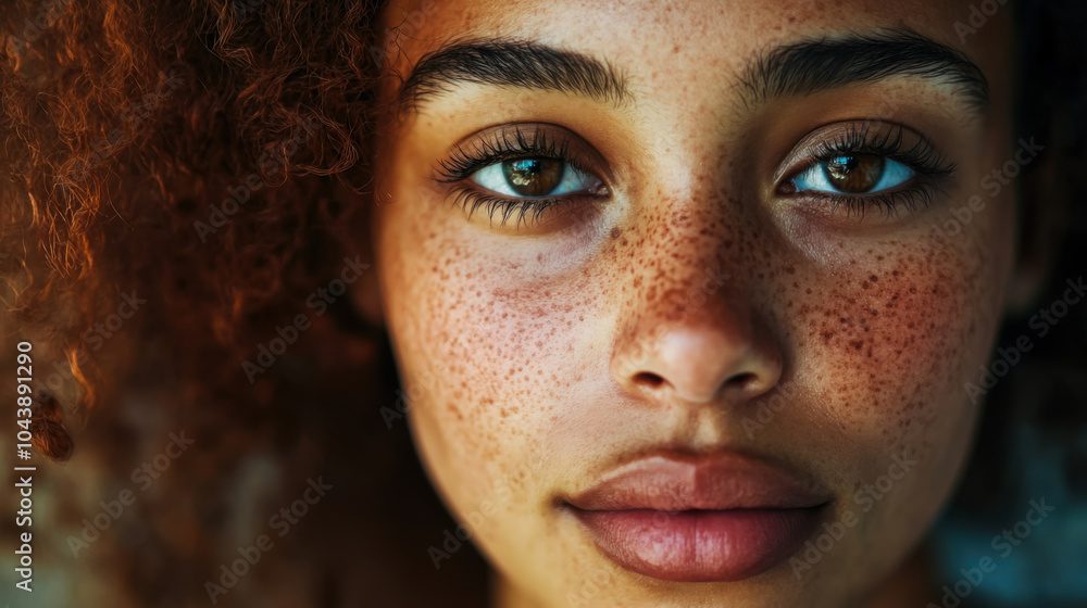 Young woman with curly hair and freckles poses against a plain background in natural light, showcasing her youthful features and radiant skin Young woman with curly hair and freckles poses against a plain background in natural light, showcasing her youthful features and radiant skin