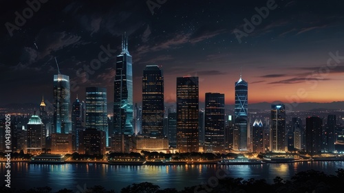 Wallpaper Mural A cityscape at night with tall buildings and a river reflecting the city lights. Torontodigital.ca