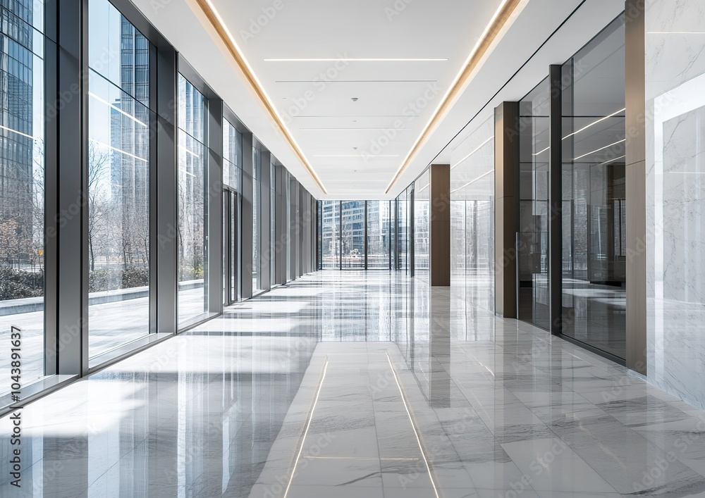 Modern office hallway with large windows and marble floors. Modern office hallway with large windows and marble floors.
