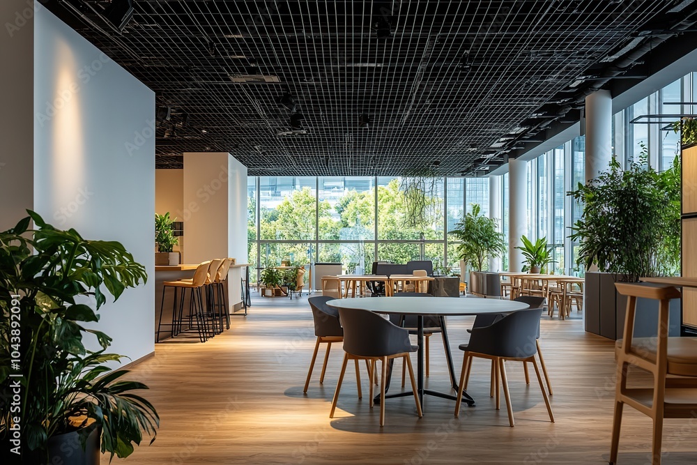 Fototapeta premium Modern office interior with large windows, wood floor, plants, and a table with chairs.