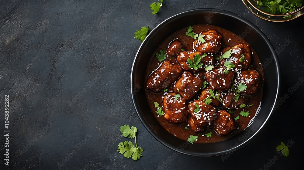 Glazed Chicken with Sesame Seeds and Cilantro in Black Bowl. Glazed Chicken with Sesame Seeds and Cilantro in Black Bowl.