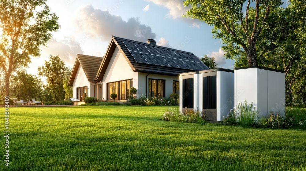 Modern Home with Solar Panels and Energy Storage Units Modern Home with Solar Panels and Energy Storage Units
