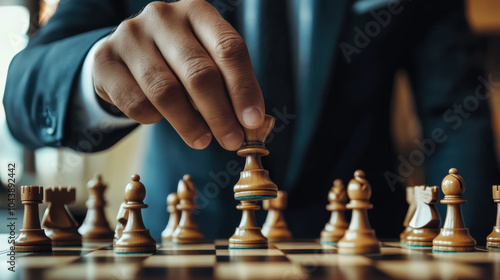 A business professional strategizes their next move during a chess game in a stylish office setting