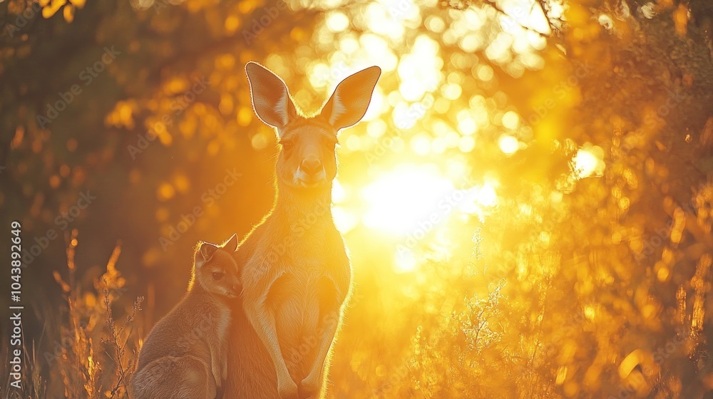 A kangaroo and its joey against a sunset backdrop. A kangaroo and its joey against a sunset backdrop.