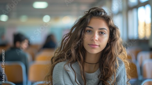 Intelligent young woman student, beautiful and confident, in a university classroom, showcasing her determination