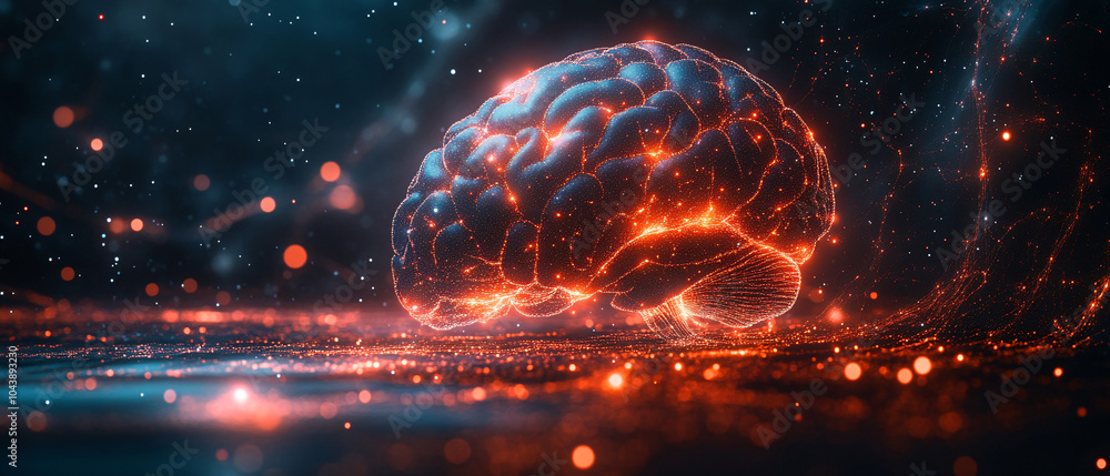 Abstract Digital Brain Glowing with Red and Blue Lights
